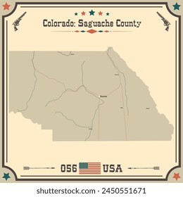 Large and accurate map of Saguache County, Colorado, USA with vintage colors.