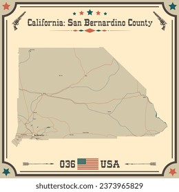 Mapa grande y preciso del condado de San Bernardino, California, EE.UU. con colores vintage.