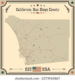 Large and accurate map of San Diego County, California, USA with vintage colors.
