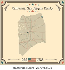 Large and accurate map of San Joaquin County, California, USA with vintage colors.
