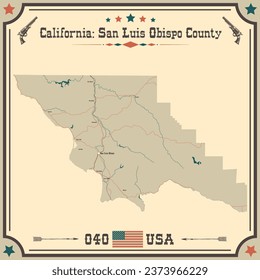 Mapa grande y preciso del condado de San Luis Obispo, California, EE.UU. con colores antiguos.