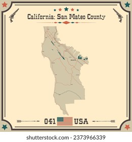 Large and accurate map of San Mateo County, California, USA with vintage colors.