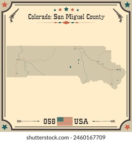 Large and accurate map of San Miguel County, Colorado, USA with vintage colors.