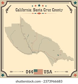 Large and accurate map of Santa Cruz County, California, USA with vintage colors.