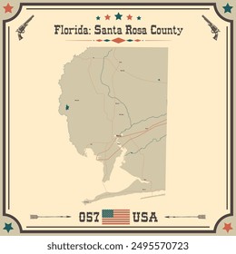Large and accurate map of Santa Rosa County, Florida, USA with vintage colors.
