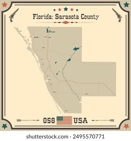 Large and accurate map of Sarasota County, Florida, USA with vintage colors.