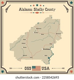 Large and accurate map of Shelby county, Alabama, USA with vintage colors.