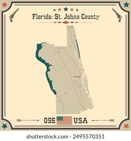 Grosse und genaue Karte von St. Johns County, Florida, USA mit Vintage-Farben.