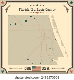 Mapa Grande y preciso del condado de St. Lucie, Florida, Estados Unidos con colores vintage.