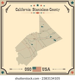 Große und genaue Karte von Stanislaus County, Kalifornien, USA mit Vintage Farben.