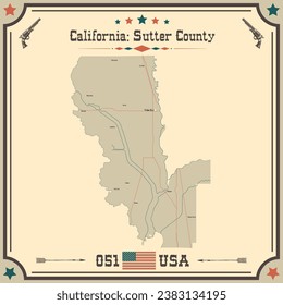 Mapa grande y preciso del condado de Sutter, California, EE.UU. con colores antiguos.