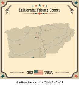 Large and accurate map of Tehama County, California, USA with vintage colors.
