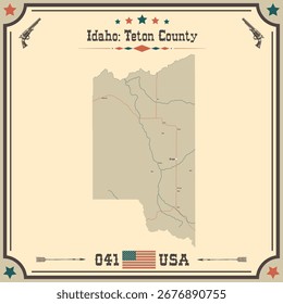 Mapa Grande y exacto del condado de Teton, Idaho, Estados Unidos con colores vintage.
