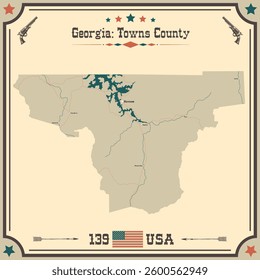 Large and accurate map of Towns County, Georgia, USA with vintage colors.