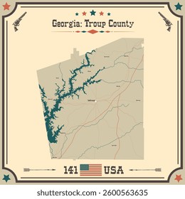 Large and accurate map of Troup County, Georgia, USA with vintage colors.