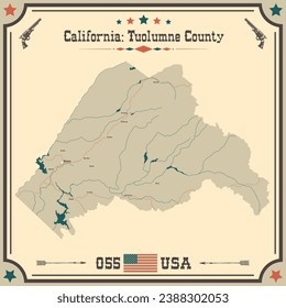Mapa grande y preciso del condado de Tuolumne, California, EE.UU. con colores vintage.