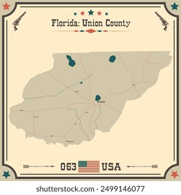 Mapa Grande y exacto de Union County, Florida, EE.UU. con colores vintage.