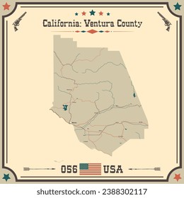 Mapa grande y preciso del condado de Ventura, California, EE.UU. con colores antiguos.