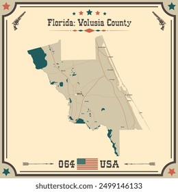 Mapa Grande y preciso del condado de Volusia, Florida, Estados Unidos con colores vintage.