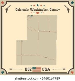 Mapa Grande y preciso de Washington County, Colorado, EE.UU. con colores vintage.