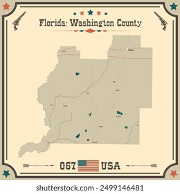 Mapa Grande y preciso del condado de Washington, Florida, EE.UU. con colores vintage.