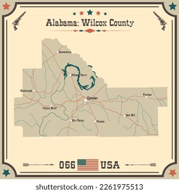 Große und genaue Karte von Wilcox County, Alabama, USA mit Vintage Farben.