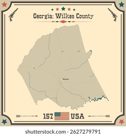 Mapa Grande y exacto del condado de Wilkes, Georgia, Estados Unidos con colores vintage.