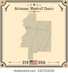 Große und genaue Karte von Woodruff County, Arkansas, USA mit Vintage Farben.