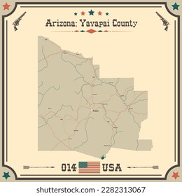 Large and accurate map of Yavapai County, Arizona, USA with vintage colors.