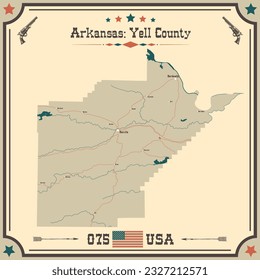 Mapa grande y preciso del condado Yell, Arkansas, EE.UU. con colores vintage.