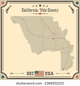 Large and accurate map of Yolo County, California, USA with vintage colors.