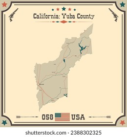 Mapa grande y preciso del condado de Yuba, California, EE.UU. con colores antiguos.