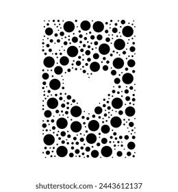 A large ace of heart card in the center made in pointillism style. The center symbol is filled with black circles of various sizes. Vector illustration on white background