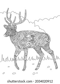 Large Adorable Dear Line Drawing Walking Really Slow On This Own At The Forest. Endangerd Animal Line Drawing Staying In A While Alone Inside Wildwoods.
