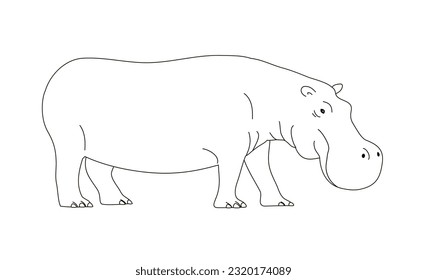 Large adult hippo. African wild dangerous animal. Herbivorous mammal. Flat vector illustration. Black and white outline. Coloring page for kids