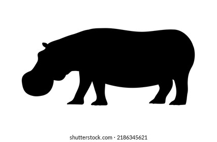 Large adult hippo. Black silhouette. African wild dangerous animal. Herbivorous mammal. Fauna and zoology. Design template for label, sign, logo. Vector illustration isolated on white background