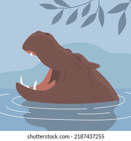 Large adult hippo. Floats in the water. Head with open mouth. Wild and dangerous aquatic animal of Africa. Herbivorous mammal. fauna and zoo. Flat vector illustration isolated on white background