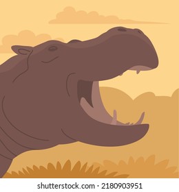 Large adult hippo. Open mouth. Head portrait. Wild and dangerous aquatic animal of Africa. Herbivorous mammal. Wild landscape. Flat vector color illustration