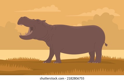 Large adult hippo. Open mouth. Wild and dangerous aquatic animal of Africa. Herbivorous mammal. Big animal on the river bank. Wild landscape. Flat vector color illustration