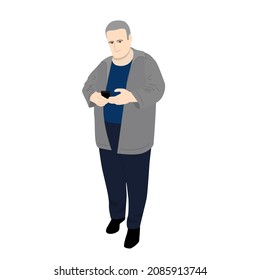 A large adult man stands half-sided and holds a smartphone in his hands, perhaps he is ordering something or looking. Cartoon flat style isolated on white background. 