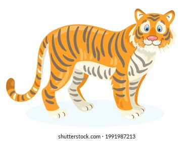 Large adult tiger. In cartoon style. Isolated on white background. Vector flat illustration.