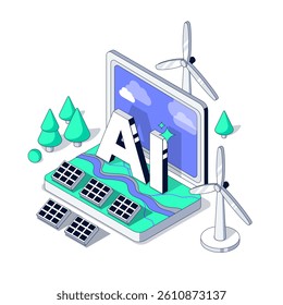 A large ai inscription pops out of a laptop screen. Artificial Intelligence for Sustainable Energy and Environment. Green Ai and Renewable sources. Isometric vector illustration