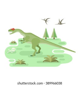 Large Allosaurus. Prehistoric carnivore dinosaur with pristine landscape. Extinct animal. Flat vector illustration.
