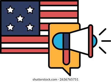 A large American flag with a microphone in front of it. Concept of freedom of speech and expression