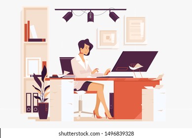 Large Amount of Work. Businesswoman sitting on her workplace in the office, typing, looking at pc screen.