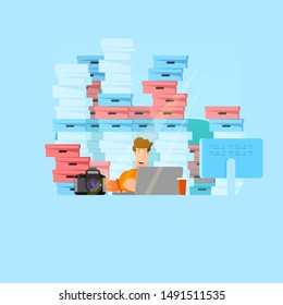 Large amount of work vector illustration. Busy overworked man sitting at table with laptop and pile of papers in office flat style design. - Vector