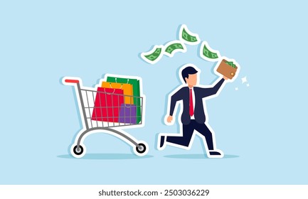 Large amounts of money spent on personal or business expenses concept of A businessman running with a wallet full of cash while being chased by a shopping cart