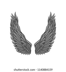 Large angel wings gray feathers and black contour. Old-school tattoo design. Flat vector for sticker, vintage style poster or print