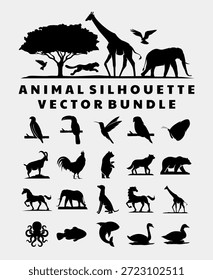 Große Tier Silhouette Vektor Paket mit Wildlife Icons wie Elefant Giraffe und Vögel für Natur Thema Grafikdesign Wildlife Conservation Branding und Bildungsprojekte.