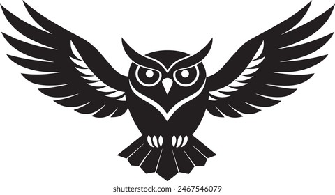 a large annoying owl flying  spread looking towards me in modern format with black and white vectors without any type of color